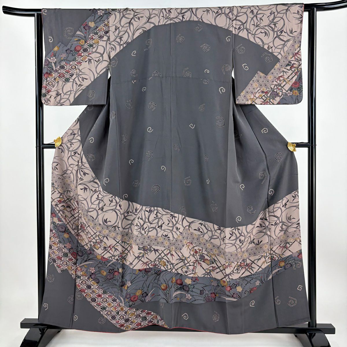 【庫存清倉】訪問服 身長156.5cm 袖長61.5cm S 雙層 松樹竹子梅花 扇子面 灰 純蠶絲 優品級