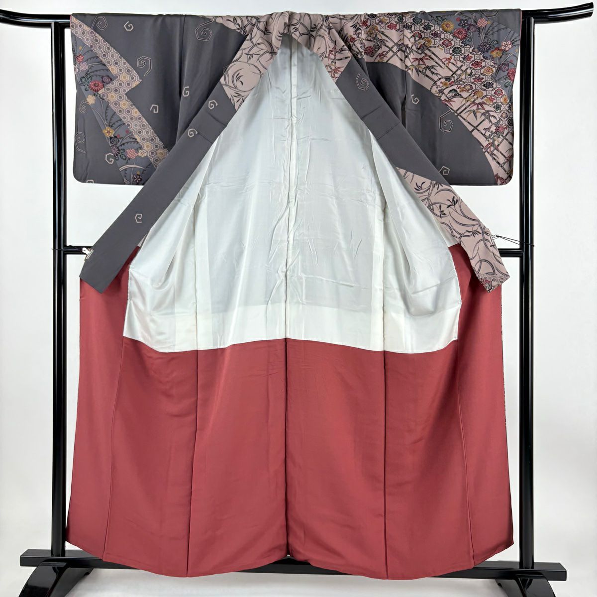 【庫存清倉】訪問服 身長156.5cm 袖長61.5cm S 雙層 松樹竹子梅花 扇子面 灰 純蠶絲 優品級