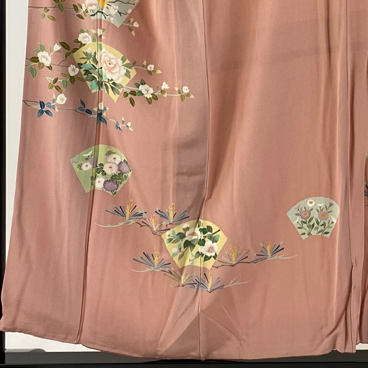 【庫存清倉】 付下 身長154cm 袖長64cm M 雙層 落款有 扇子面 草花紋紋 粉紅 純蠶絲 優品級