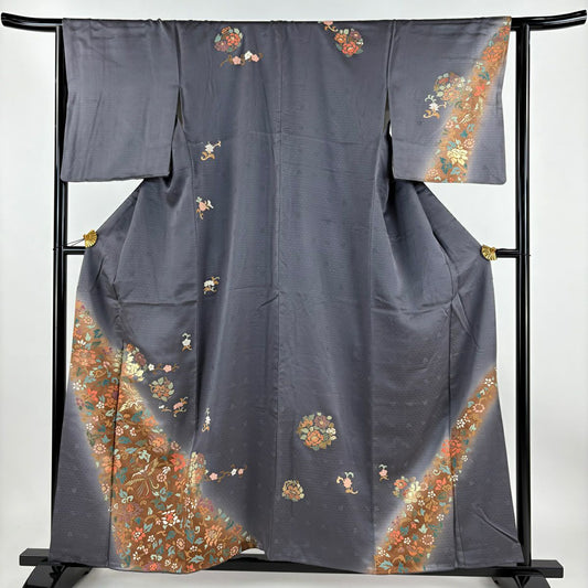 【庫存清倉】 付下 身長159.5cm 袖長63.5cm S 雙層 鳳凰 花唐草紋 金銀彩 漸層 灰紫 純蠶絲 優品級