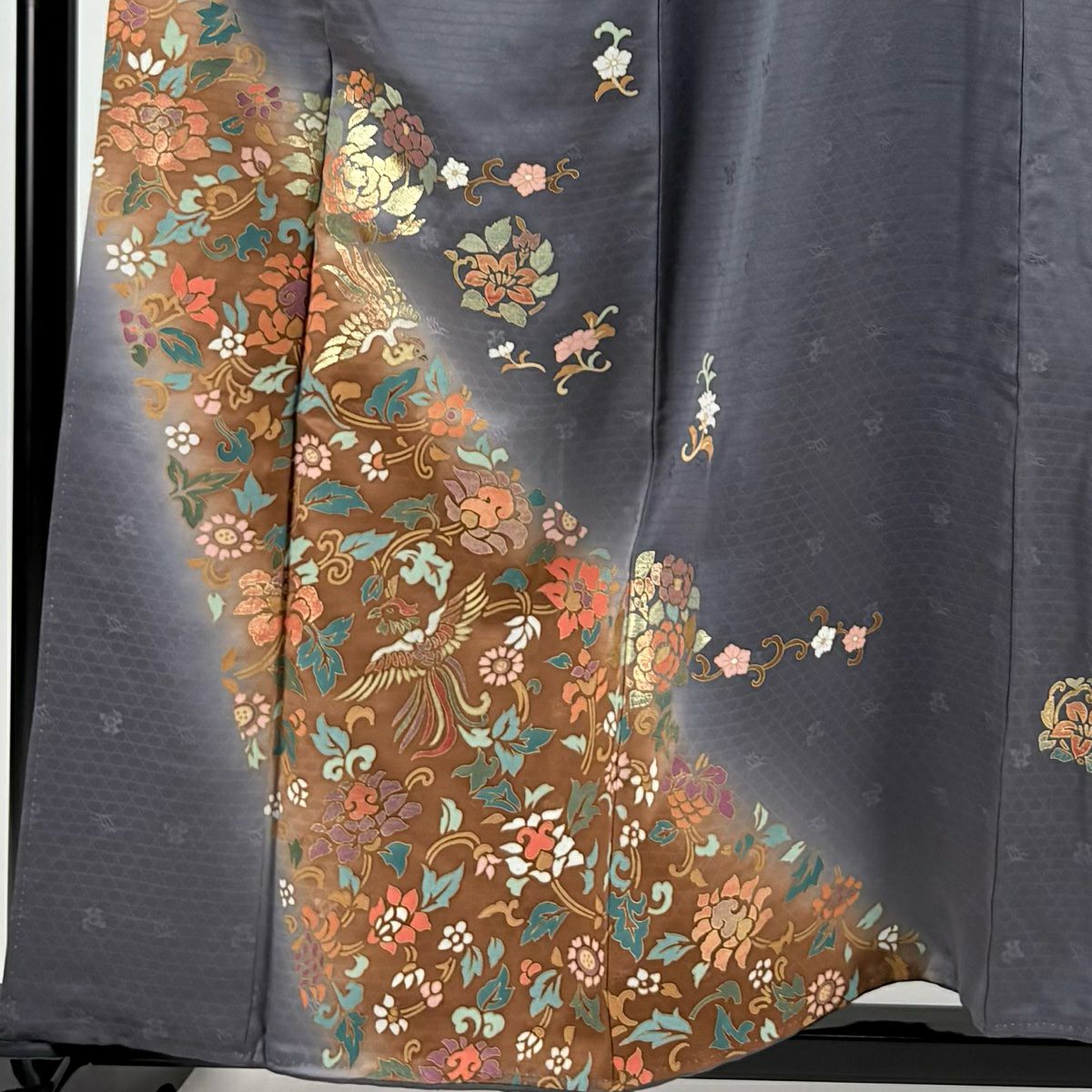 【庫存清倉】 付下 身長159.5cm 袖長63.5cm S 雙層 鳳凰 花唐草紋 金銀彩 漸層 灰紫 純蠶絲 優品級
