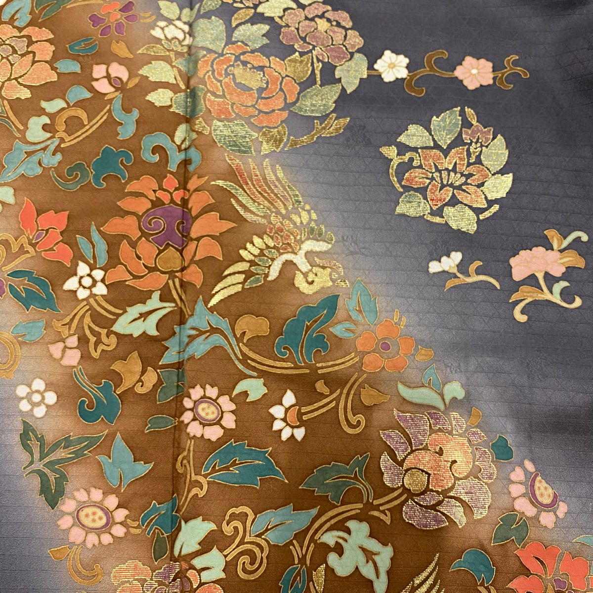 【庫存清倉】 付下 身長159.5cm 袖長63.5cm S 雙層 鳳凰 花唐草紋 金銀彩 漸層 灰紫 純蠶絲 優品級
