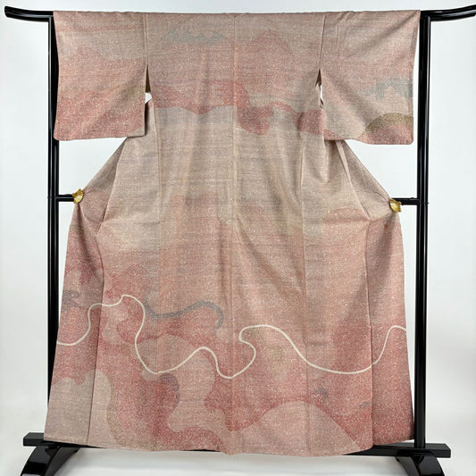 【庫存清倉】訪問服 身長160.5cm 袖長64.5cm M 雙層 紬織織 有落款 幾何圖案 粉米色 純蠶絲 優品級