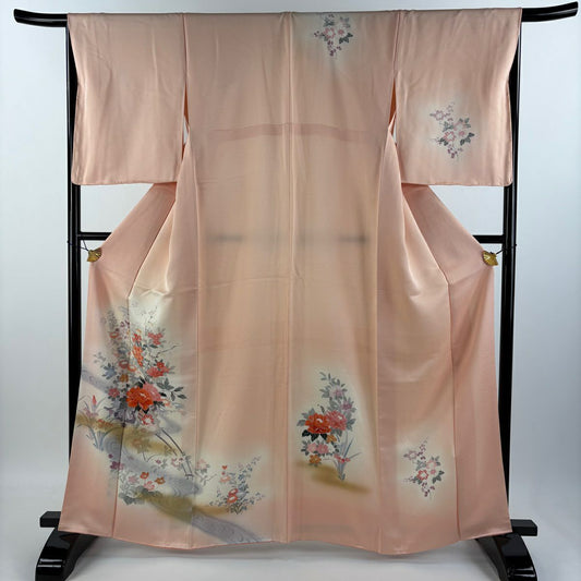 【庫存清倉】 付下 身長162cm 袖長66.5cm M 雙層 花車 流水 金彩裝飾 漸層 鮭粉色 純蠶絲 優品級