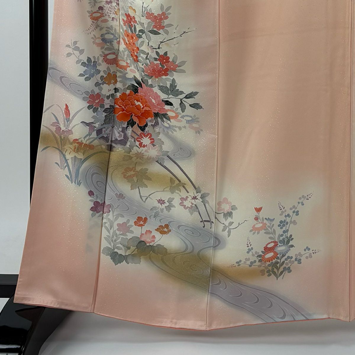 【庫存清倉】 付下 身長162cm 袖長66.5cm M 雙層 花車 流水 金彩裝飾 漸層 鮭粉色 純蠶絲 優品級