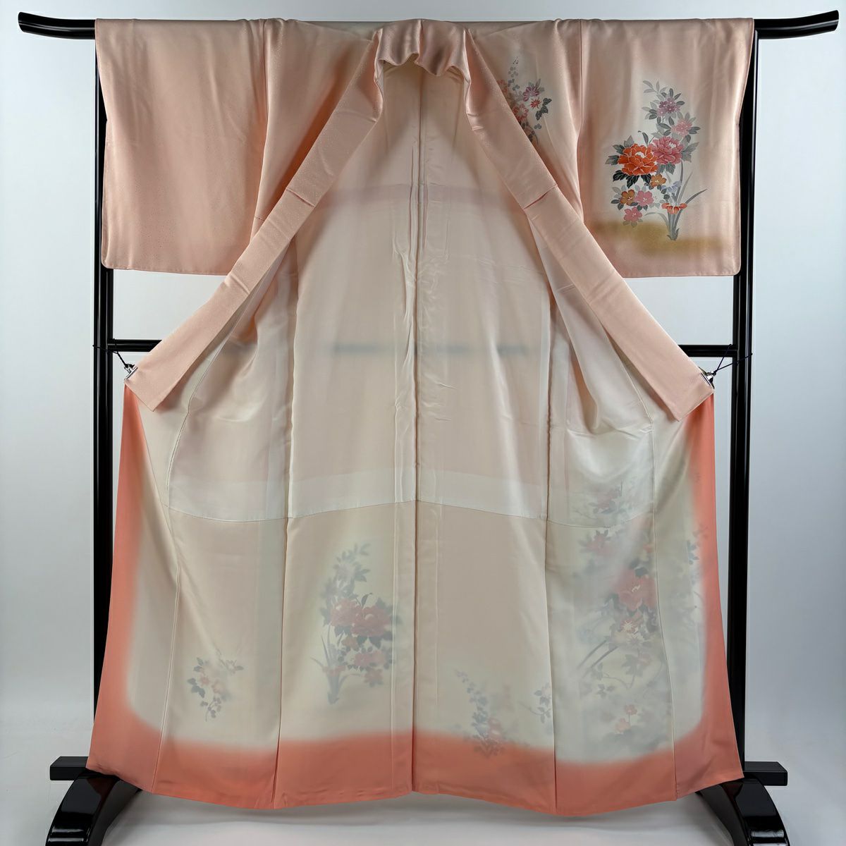 【庫存清倉】 付下 身長162cm 袖長66.5cm M 雙層 花車 流水 金彩裝飾 漸層 鮭粉色 純蠶絲 優品級