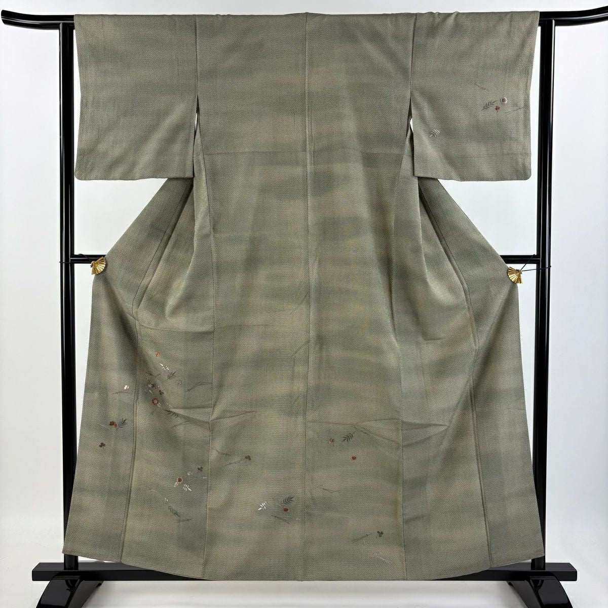 【庫存清倉】 付下 身長159cm 袖長62cm S 雙層 紬織織 吹寄刺繡 漸層 灰綠 純蠶絲 優品級