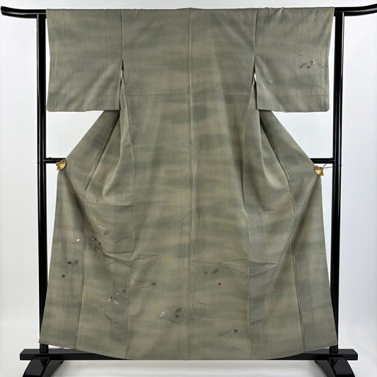 【庫存清倉】 付下 身長159cm 袖長62cm S 雙層 紬織織 吹寄刺繡 漸層 灰綠 純蠶絲 優品級