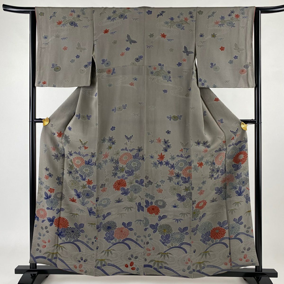 【庫存清倉】 付下 身長158.5cm 袖長63cm S 雙層 草花紋紋 流水 縮緬 漸層 灰紫 純蠶絲 優品級