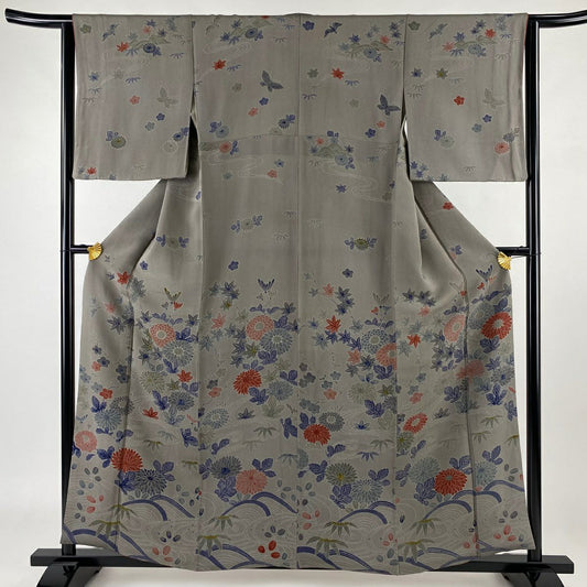 【庫存清倉】 付下 身長158.5cm 袖長63cm S 雙層 草花紋紋 流水 縮緬 漸層 灰紫 純蠶絲 優品級