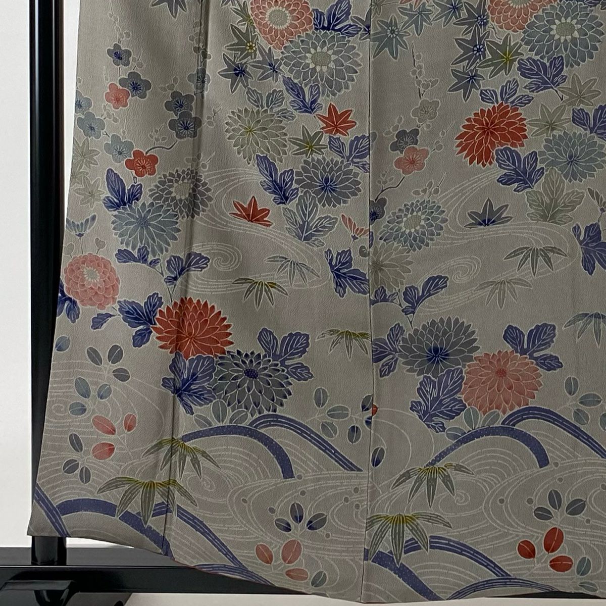 【庫存清倉】 付下 身長158.5cm 袖長63cm S 雙層 草花紋紋 流水 縮緬 漸層 灰紫 純蠶絲 優品級