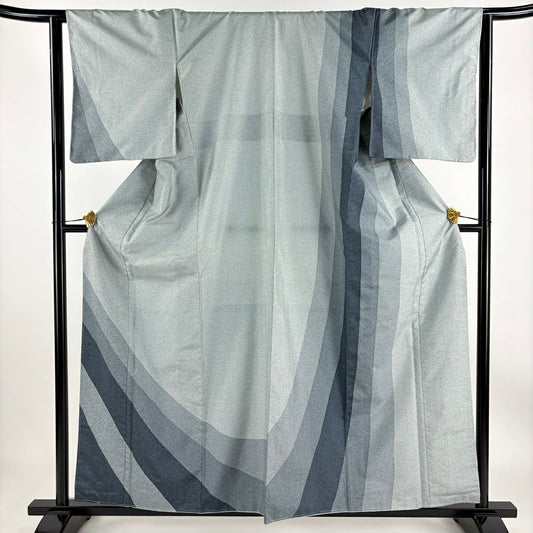 【庫存清倉】訪問服 身長159cm 袖長64.5cm M 雙層 大島紬織地 證書齊全 幾何學 青灰色 純蠶絲 名品級