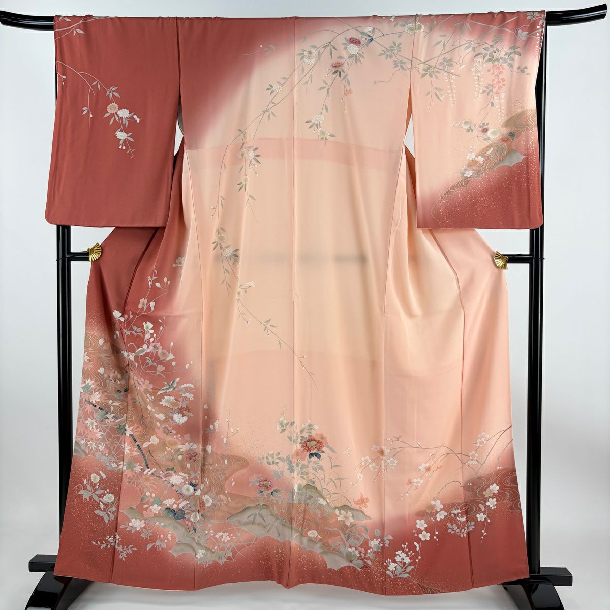 【庫存清倉】訪問服 身長161cm 袖長67.5cm L 雙層 花鳥 流水 金彩裝飾 漸層 小豆 純蠶絲 優品級