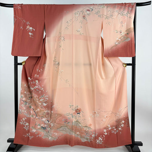 【庫存清倉】訪問服 身長161cm 袖長67.5cm L 雙層 花鳥 流水 金彩裝飾 漸層 小豆 純蠶絲 優品級