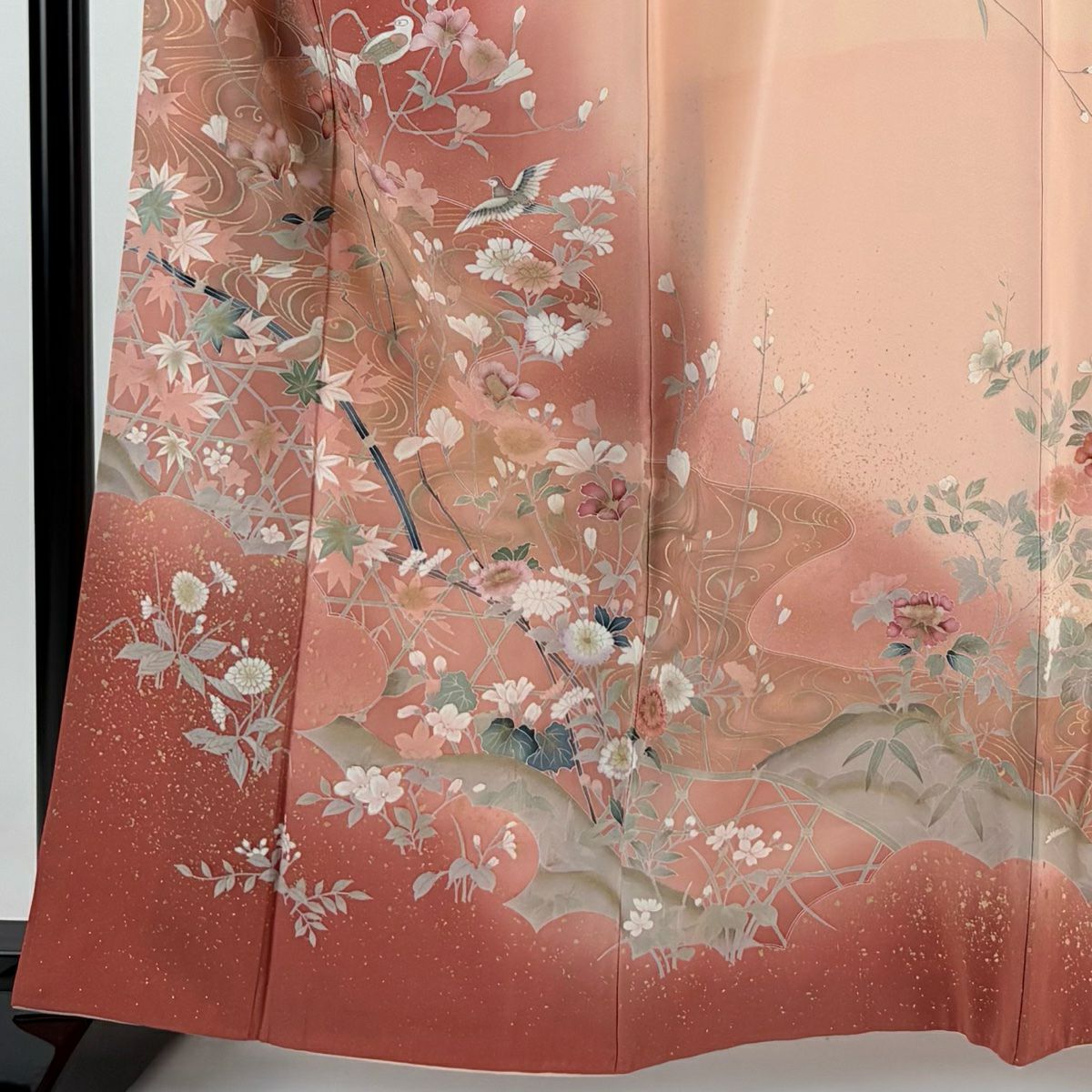 【庫存清倉】訪問服 身長161cm 袖長67.5cm L 雙層 花鳥 流水 金彩裝飾 漸層 小豆 純蠶絲 優品級