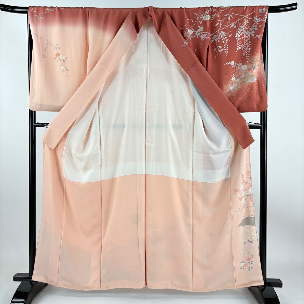 【庫存清倉】訪問服 身長161cm 袖長67.5cm L 雙層 花鳥 流水 金彩裝飾 漸層 小豆 純蠶絲 優品級