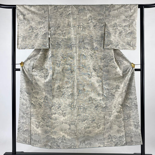 【庫存清倉】 紬織織 身長151.5cm 袖長62cm S 雙層 風景 家屋 灰白 純蠶絲 優品級