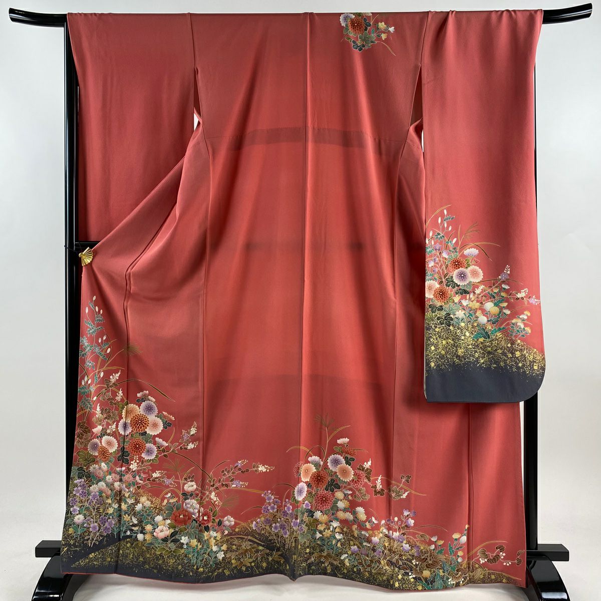 【庫存清倉】振袖禮服 身長166cm 袖長68.5cm L 雙層 菊花 草花紋 金絲 金銀彩 粉紅 純蠶絲 美品 名品級