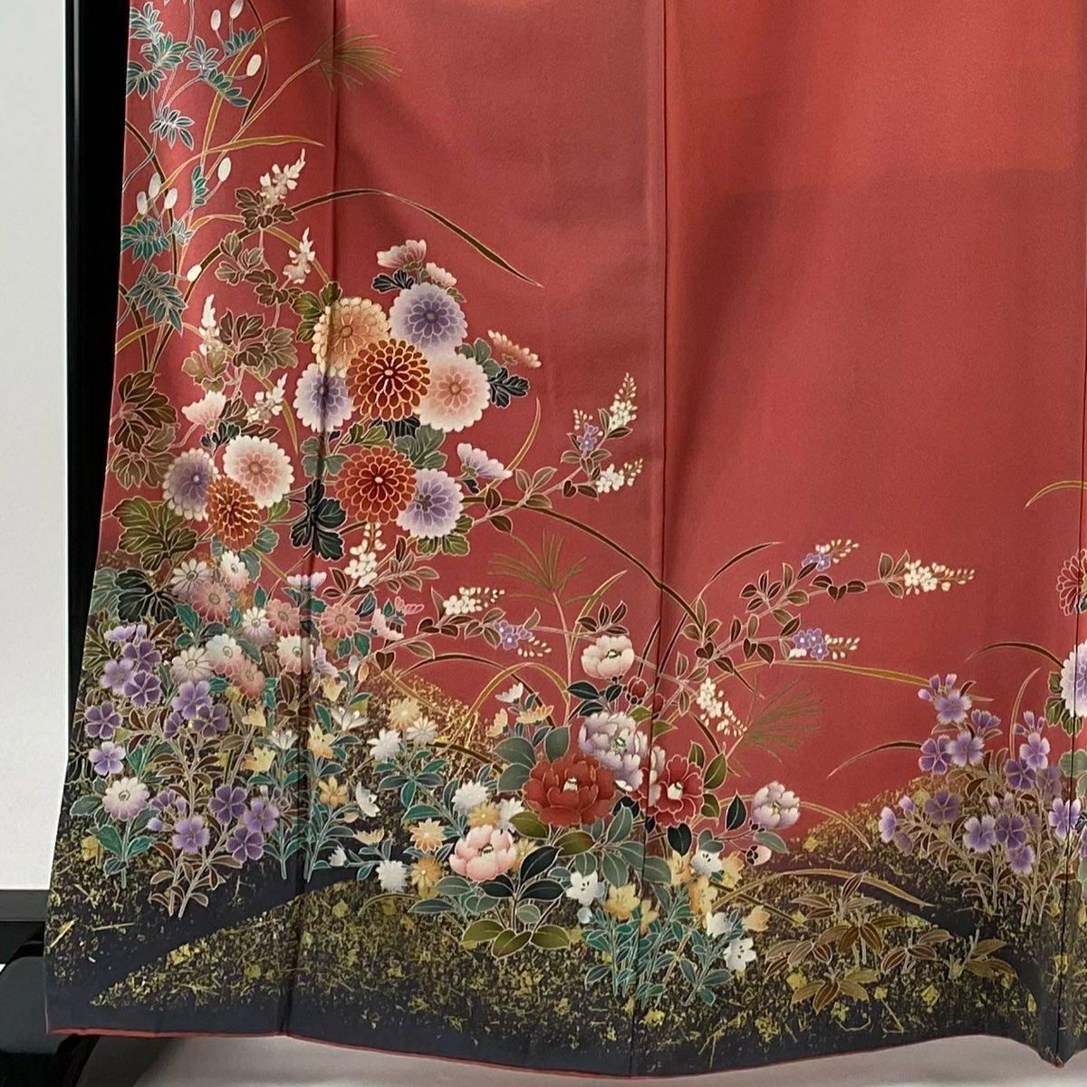 【庫存清倉】振袖禮服 身長166cm 袖長68.5cm L 雙層 菊花 草花紋 金絲 金銀彩 粉紅 純蠶絲 美品 名品級