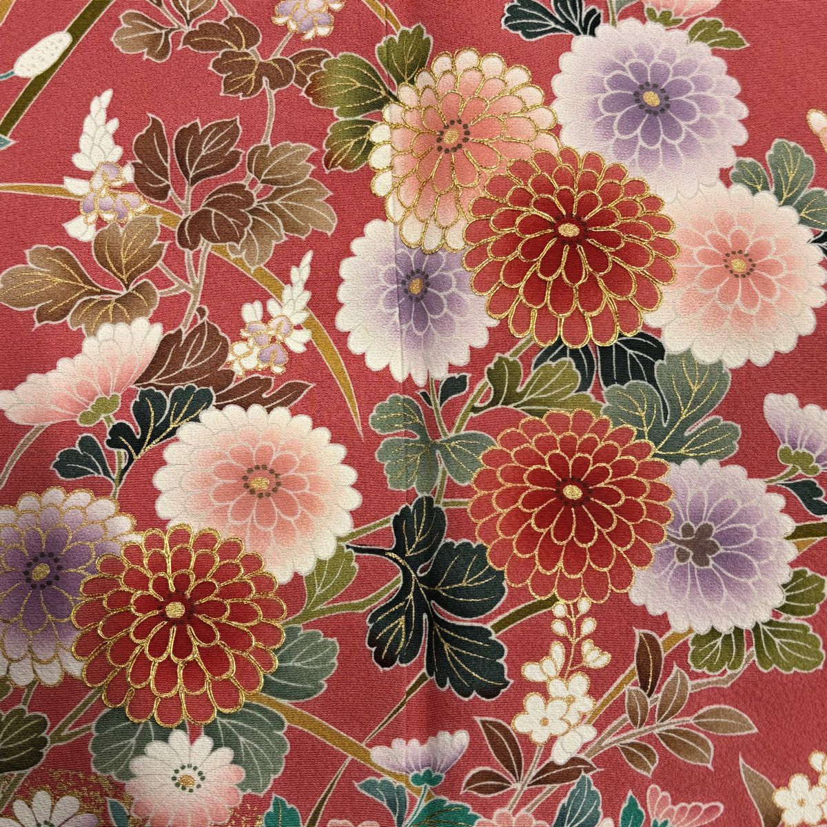 【庫存清倉】振袖禮服 身長166cm 袖長68.5cm L 雙層 菊花 草花紋 金絲 金銀彩 粉紅 純蠶絲 美品 名品級