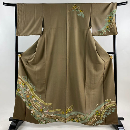 【庫存清倉】訪問服 身長164cm 袖長67cm M 雙層 草花紋紋 金彩裝飾 漸層 淺茶 純蠶絲 名品級