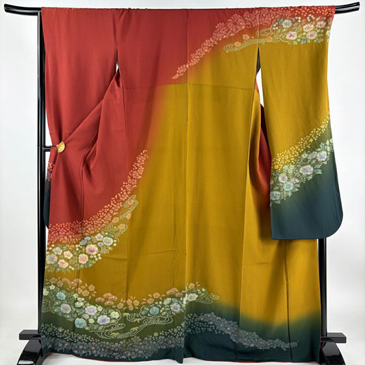 【清倉特賣】振袖禮服 身長168cm 袖長70cm L 雙層 草花紋紋 流水 金彩裝飾 染分 茜色 純蠶絲 名品級