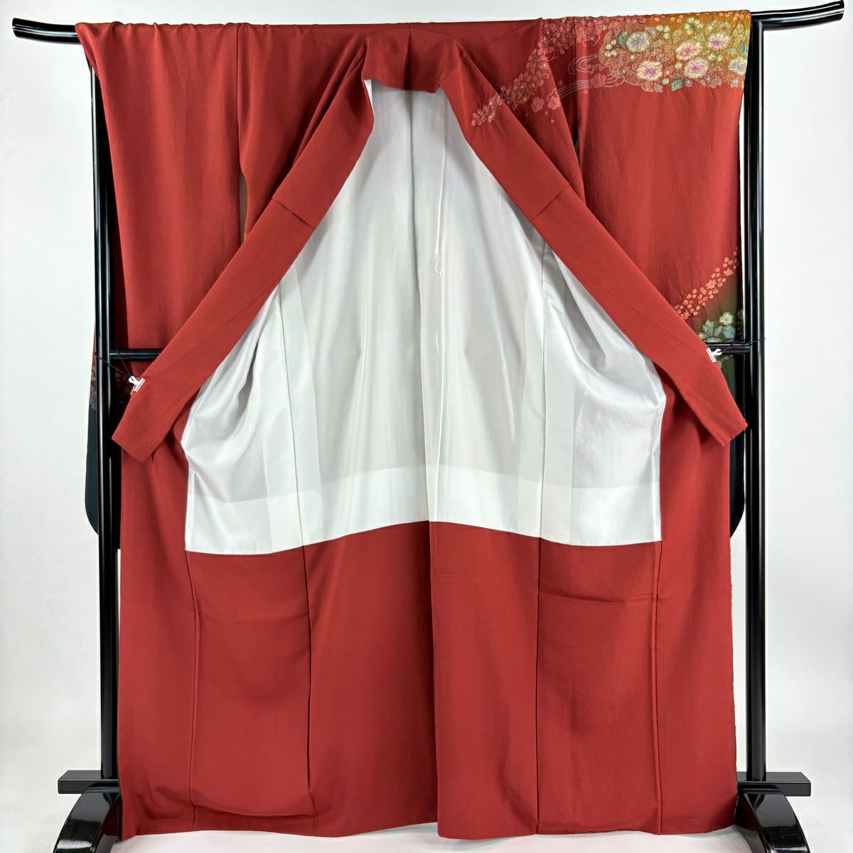 【清倉特賣】振袖禮服 身長168cm 袖長70cm L 雙層 草花紋紋 流水 金彩裝飾 染分 茜色 純蠶絲 名品級