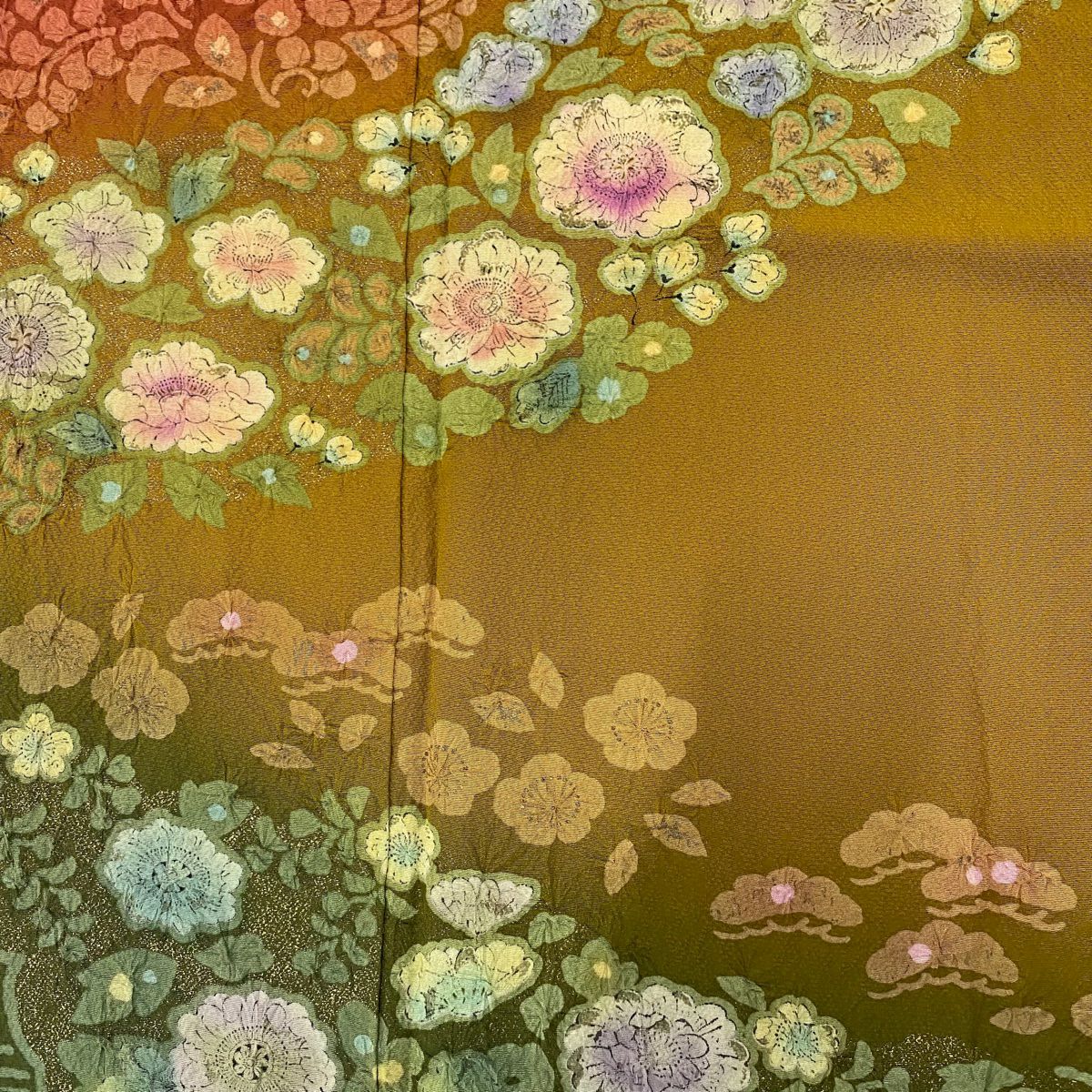 【清倉特賣】振袖禮服 身長168cm 袖長70cm L 雙層 草花紋紋 流水 金彩裝飾 染分 茜色 純蠶絲 名品級
