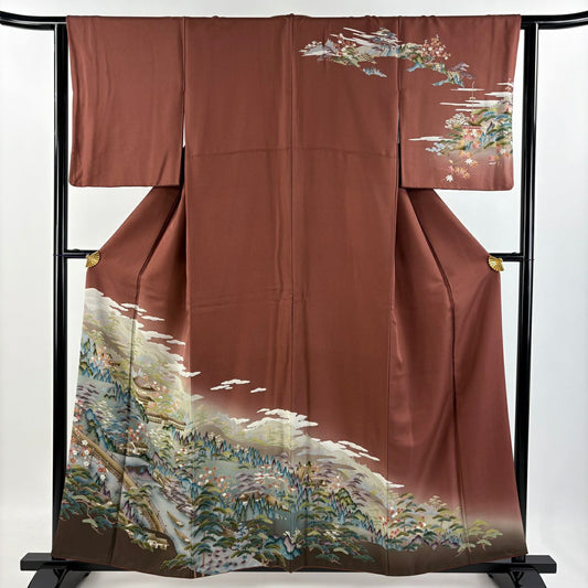 【庫存清倉】訪問服 身長158cm 袖長63.5cm S 雙層 風景 松樹 漸層 紅茶 純蠶絲 優品級