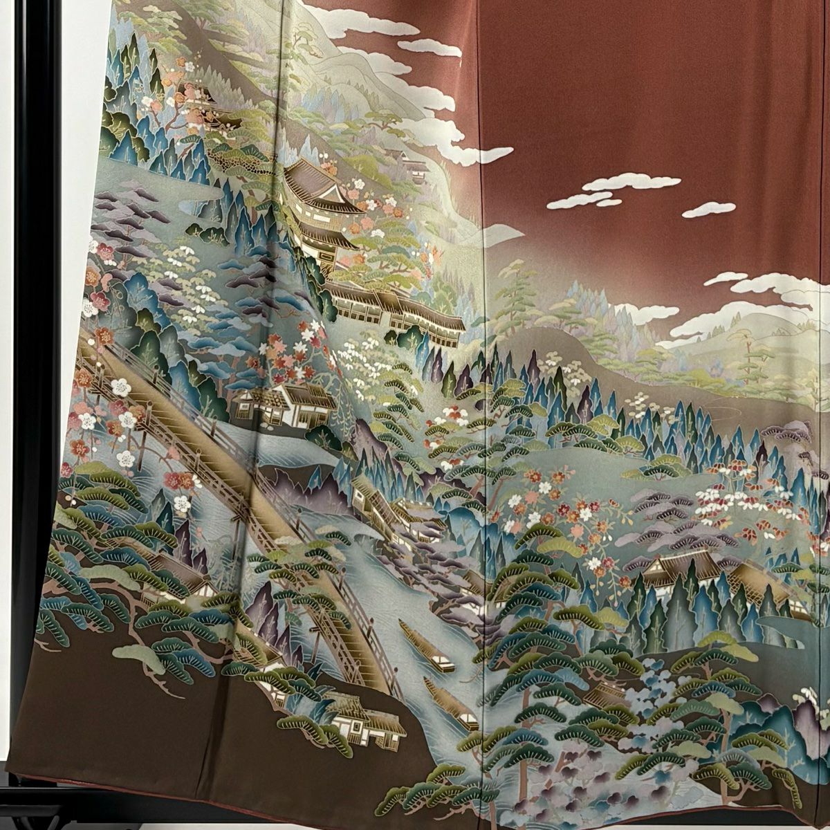 【庫存清倉】訪問服 身長158cm 袖長63.5cm S 雙層 風景 松樹 漸層 紅茶 純蠶絲 優品級