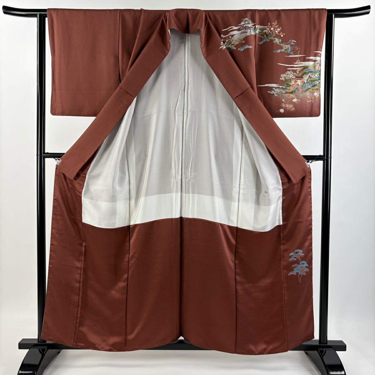 【庫存清倉】訪問服 身長158cm 袖長63.5cm S 雙層 風景 松樹 漸層 紅茶 純蠶絲 優品級