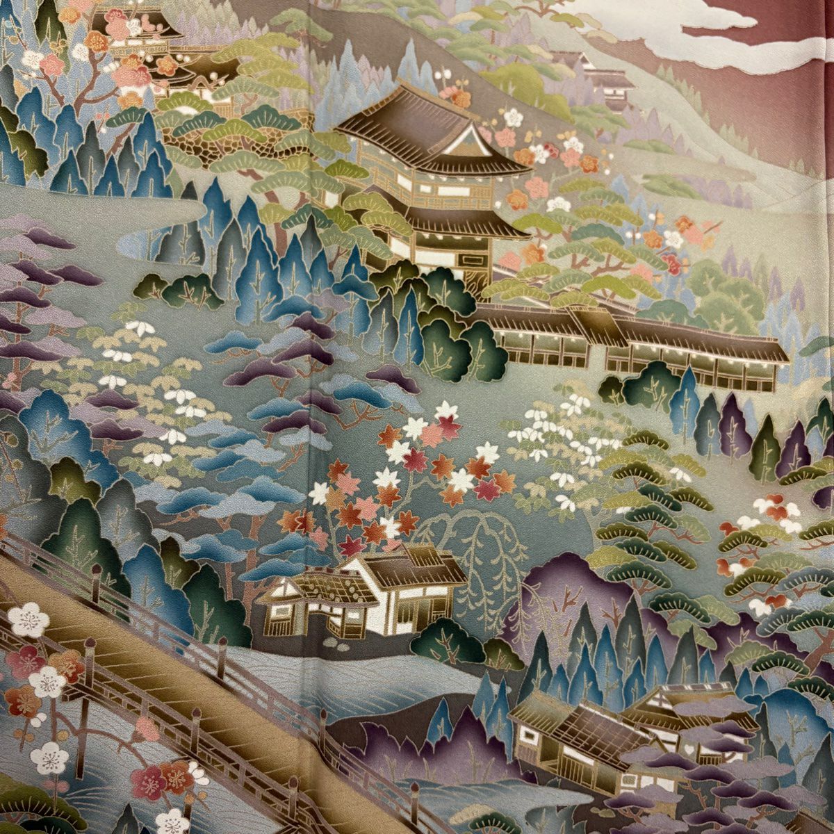 【庫存清倉】訪問服 身長158cm 袖長63.5cm S 雙層 風景 松樹 漸層 紅茶 純蠶絲 優品級