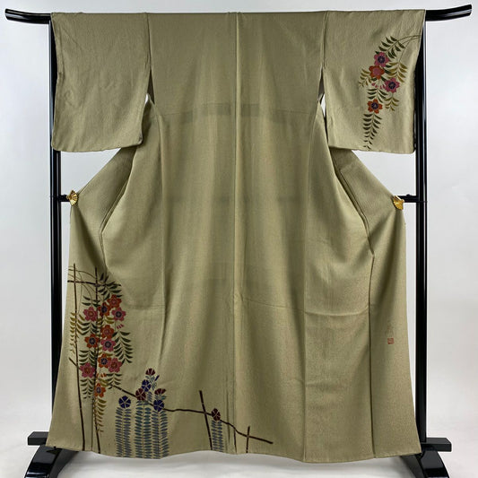 【庫存清倉】 付下 身長160.5cm 袖長65cm M 雙層 草野一騎 有落款 櫻 草花紋紋 金銀彩 灰綠 純蠶絲 名品級