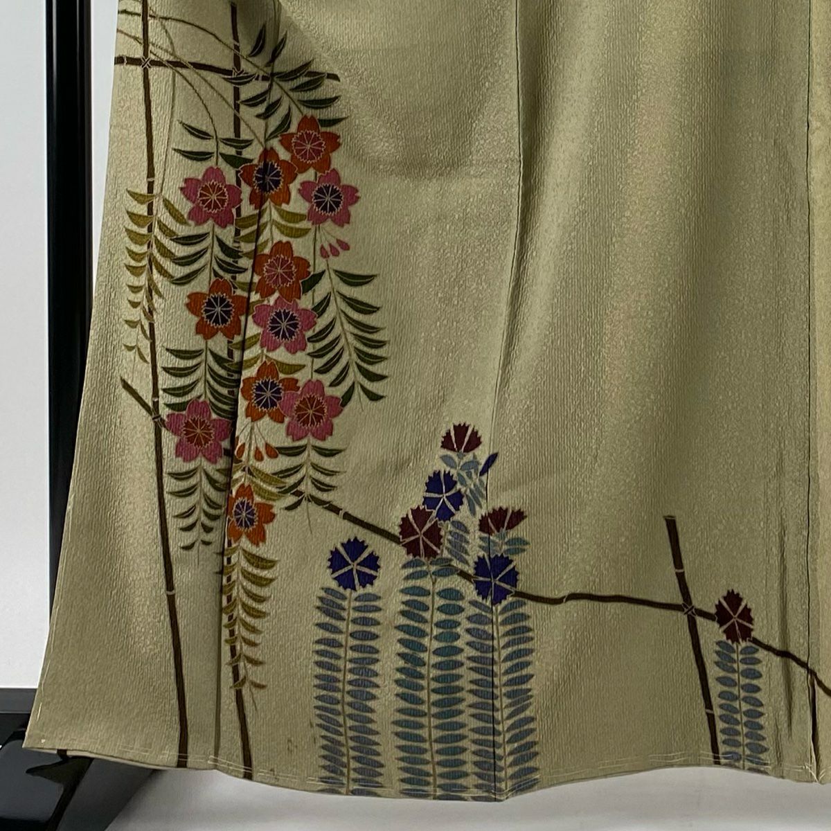【庫存清倉】 付下 身長160.5cm 袖長65cm M 雙層 草野一騎 有落款 櫻 草花紋紋 金銀彩 灰綠 純蠶絲 名品級