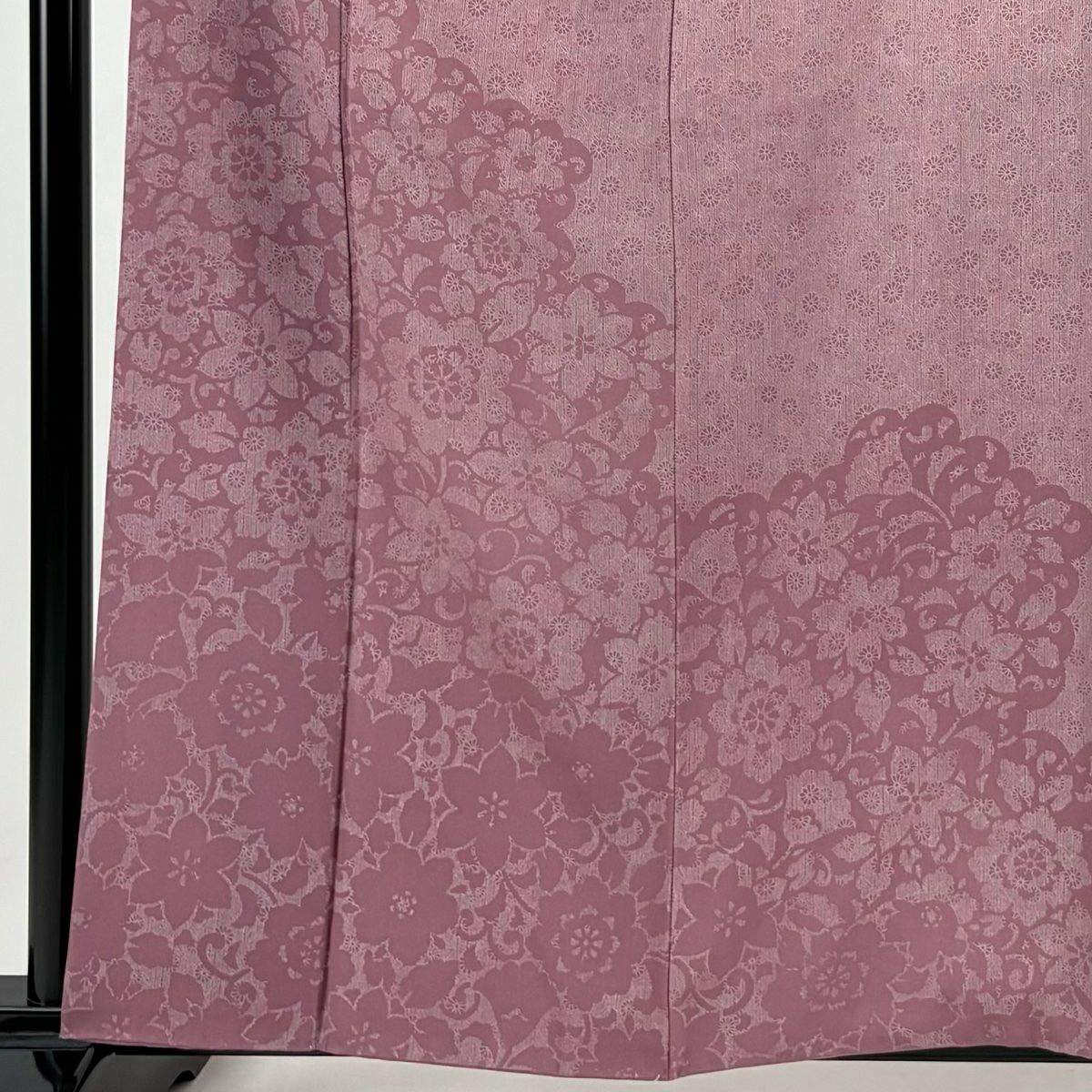 【庫存清倉】 付下 身長159cm 袖長62cm S 雙層 落款 草花紋 竹子縞 紅紫 純蠶絲 優品級