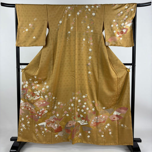 【庫存清倉】訪問服 身長162cm 袖長66cm M 雙層 扇子 草花紋紋 金絲 金銀彩 黃土 純蠶絲 優品級