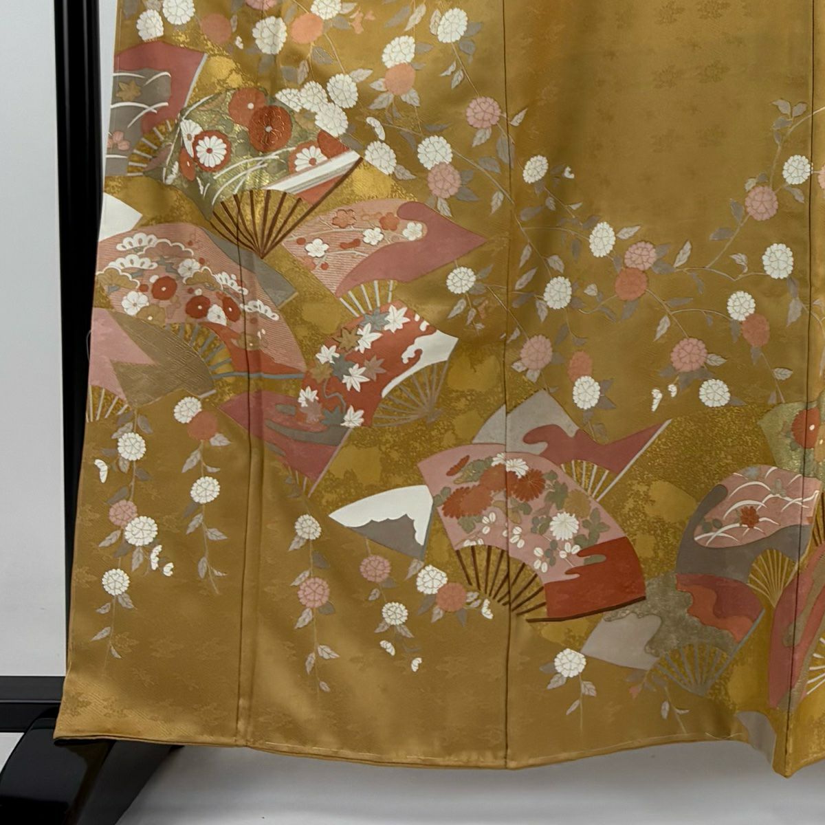 【庫存清倉】訪問服 身長162cm 袖長66cm M 雙層 扇子 草花紋紋 金絲 金銀彩 黃土 純蠶絲 優品級