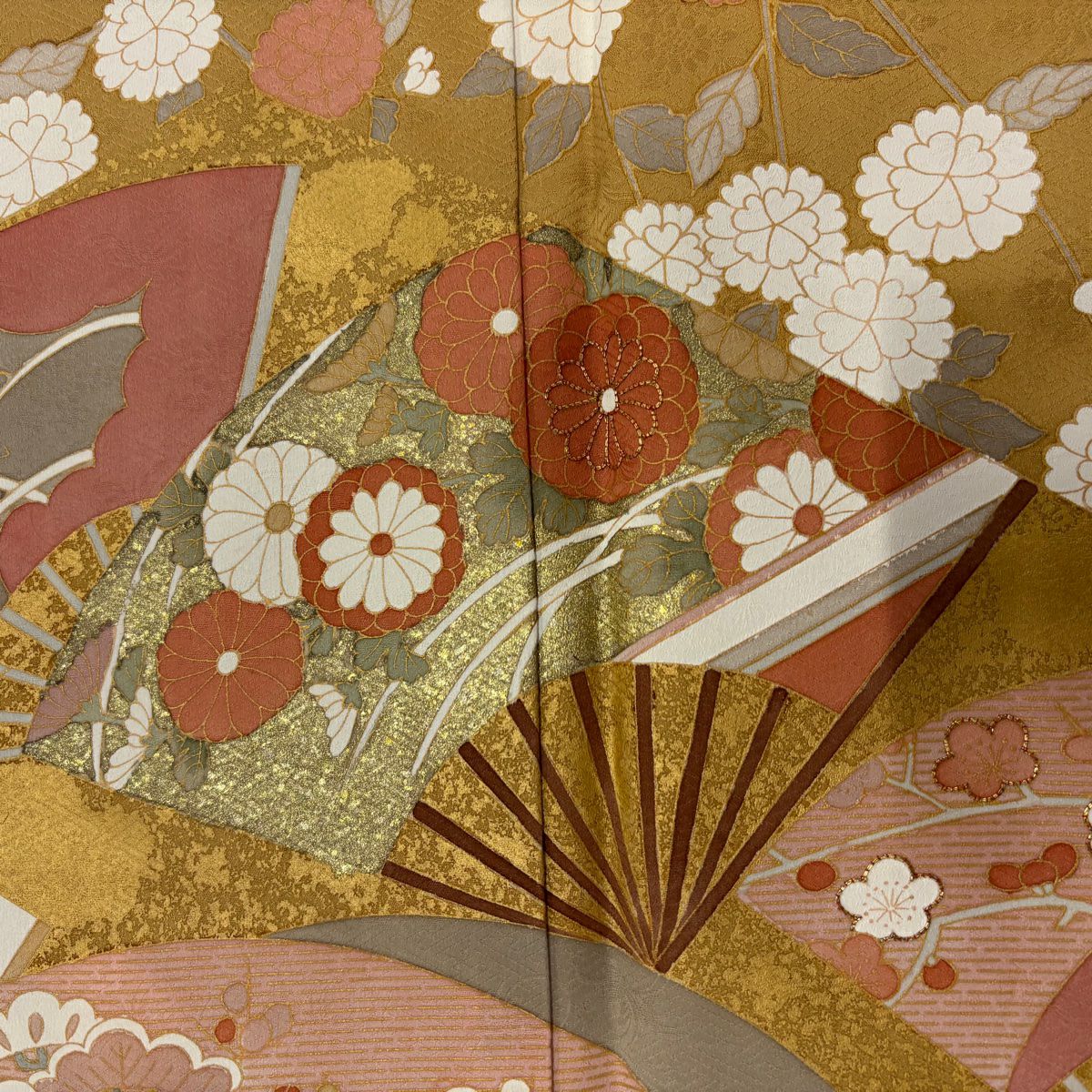 【庫存清倉】訪問服 身長162cm 袖長66cm M 雙層 扇子 草花紋紋 金絲 金銀彩 黃土 純蠶絲 優品級