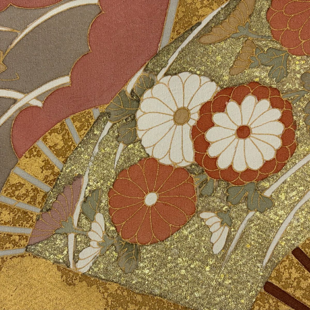 【庫存清倉】訪問服 身長162cm 袖長66cm M 雙層 扇子 草花紋紋 金絲 金銀彩 黃土 純蠶絲 優品級