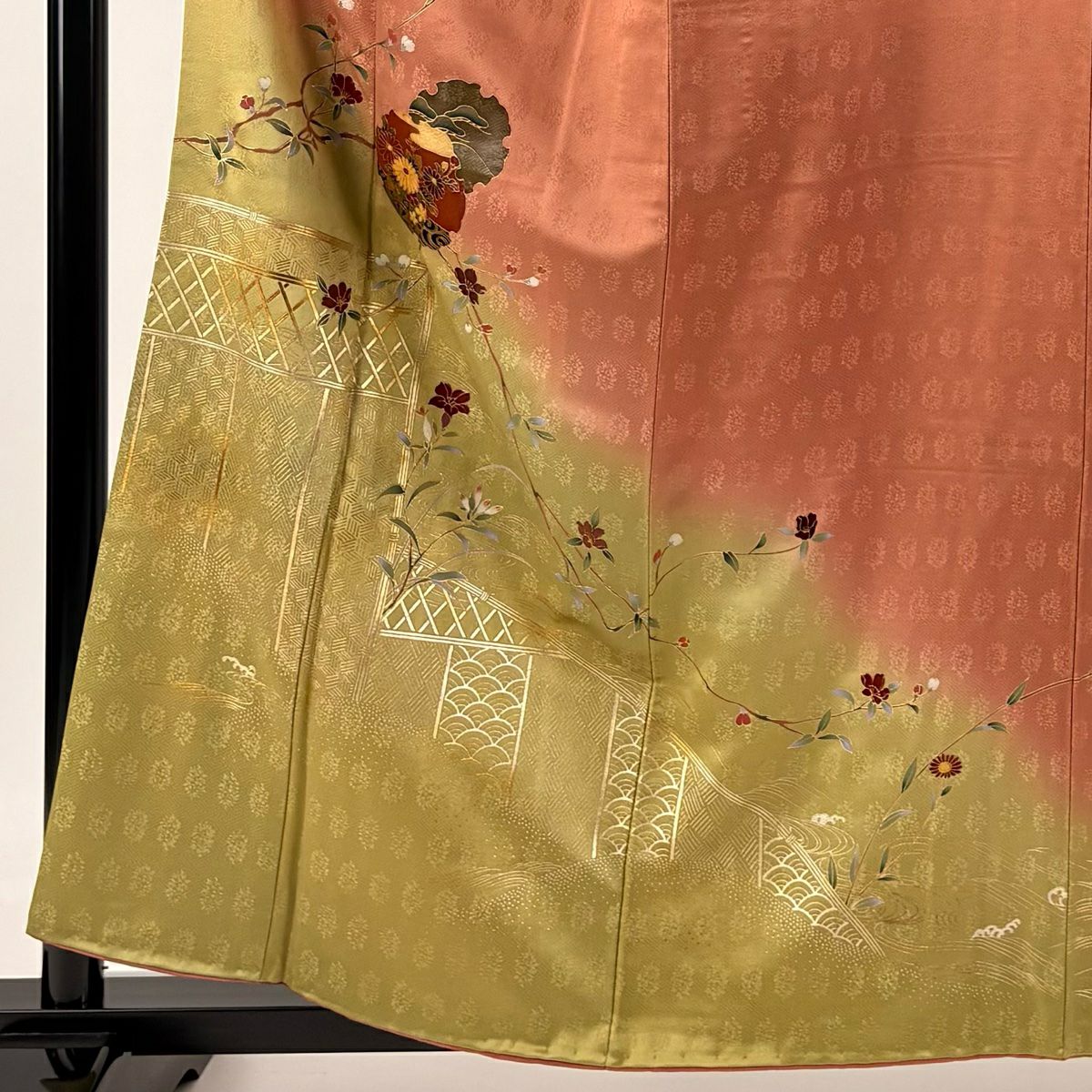 【庫存清倉】訪問服 身長159cm 袖長62.5cm S 雙層 雪輪 枝花 金銀彩 染分 橙色 純蠶絲 優品級