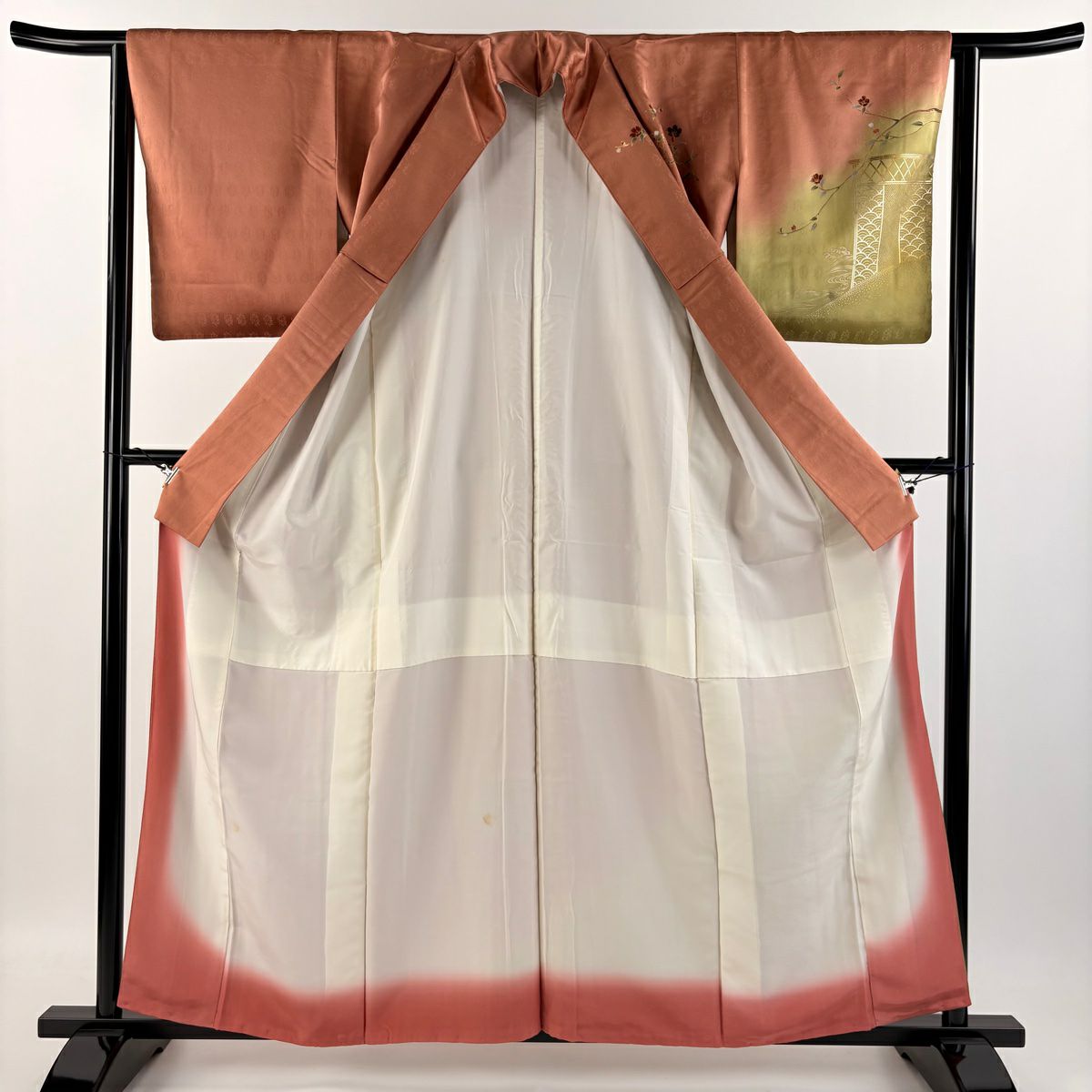 【庫存清倉】訪問服 身長159cm 袖長62.5cm S 雙層 雪輪 枝花 金銀彩 染分 橙色 純蠶絲 優品級