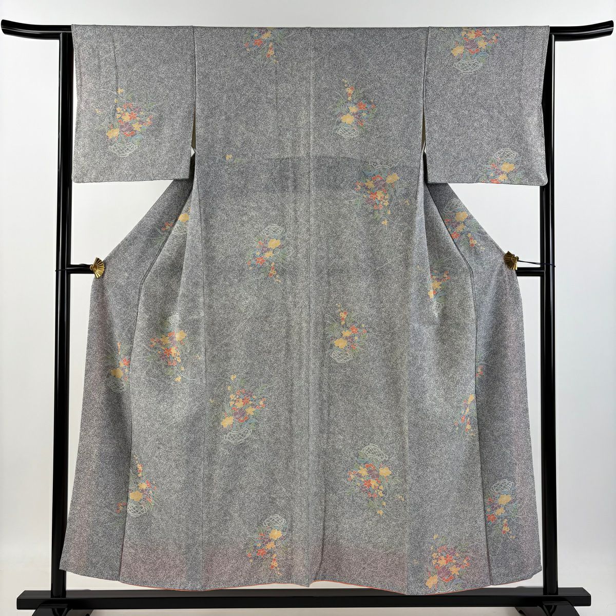 【清倉特賣】 小紋 身長153cm 袖長63.5cm S 雙層 花籠 草花紋 灰 純蠶絲 優品級