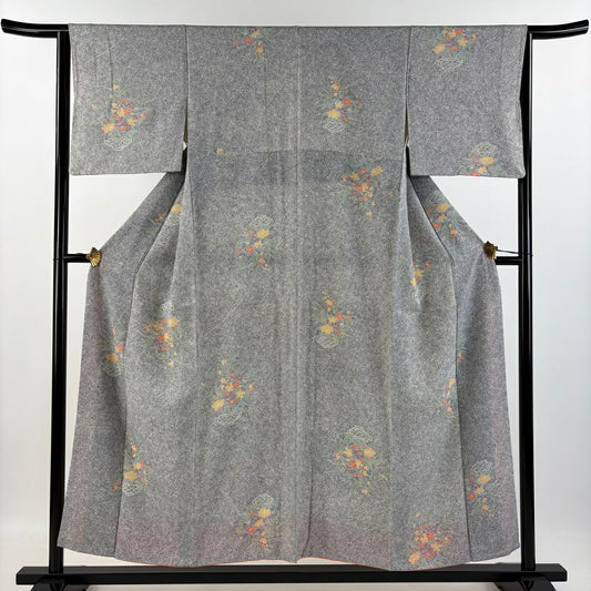 【清倉特賣】 小紋 身長153cm 袖長63.5cm S 雙層 花籠 草花紋 灰 純蠶絲 優品級