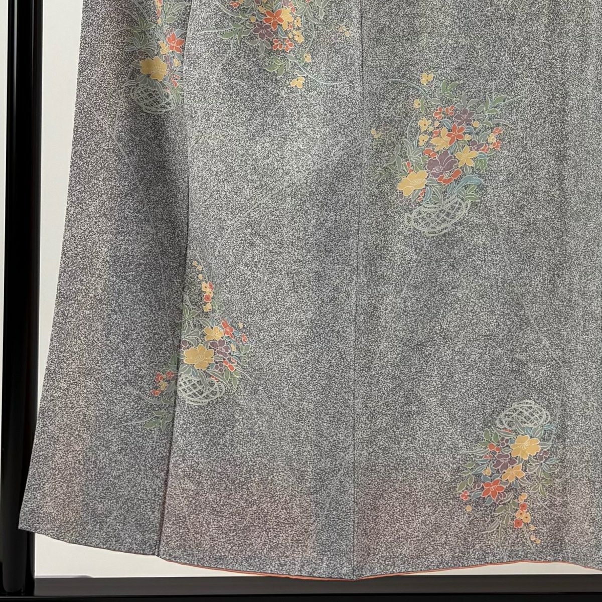 【清倉特賣】 小紋 身長153cm 袖長63.5cm S 雙層 花籠 草花紋 灰 純蠶絲 優品級