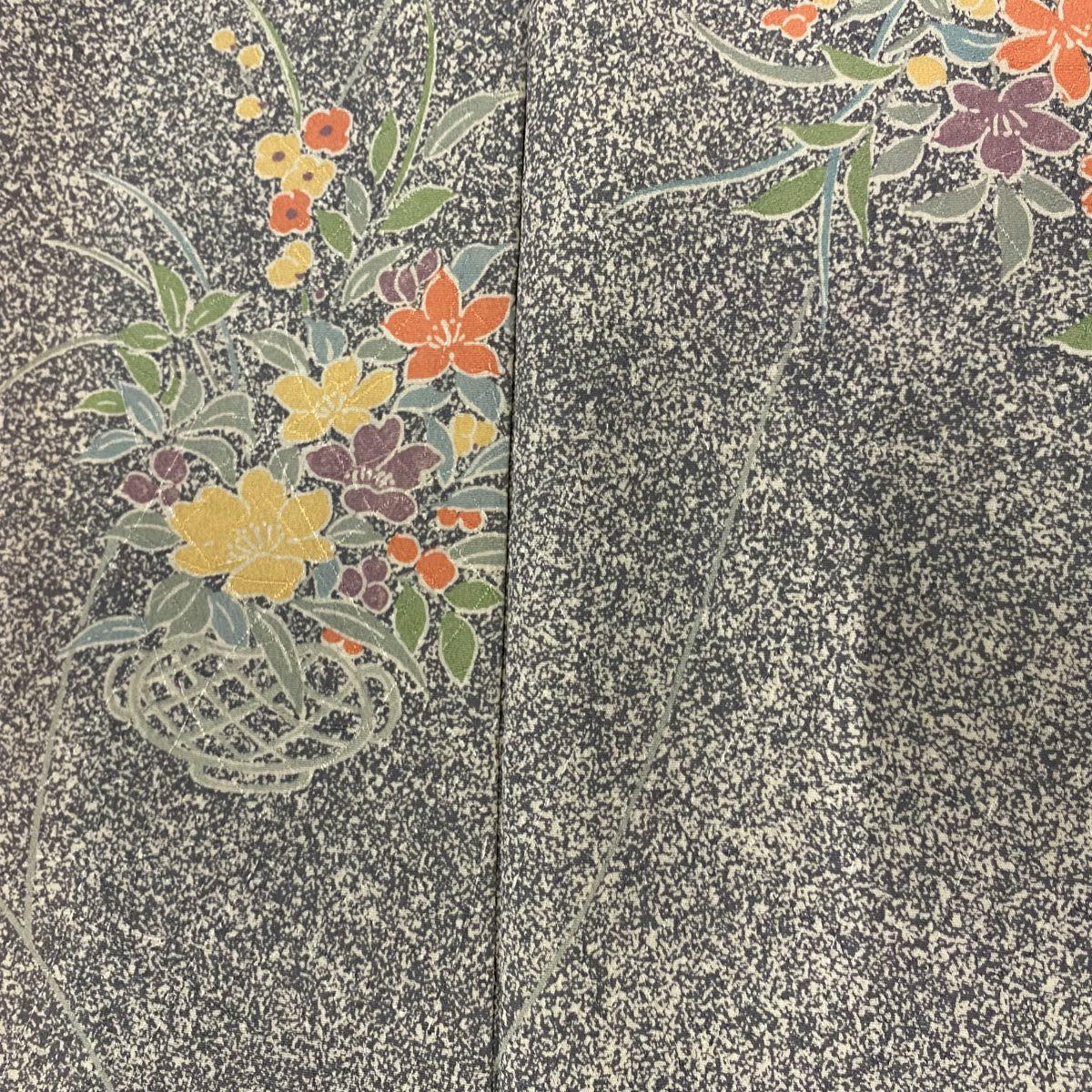 【清倉特賣】 小紋 身長153cm 袖長63.5cm S 雙層 花籠 草花紋 灰 純蠶絲 優品級
