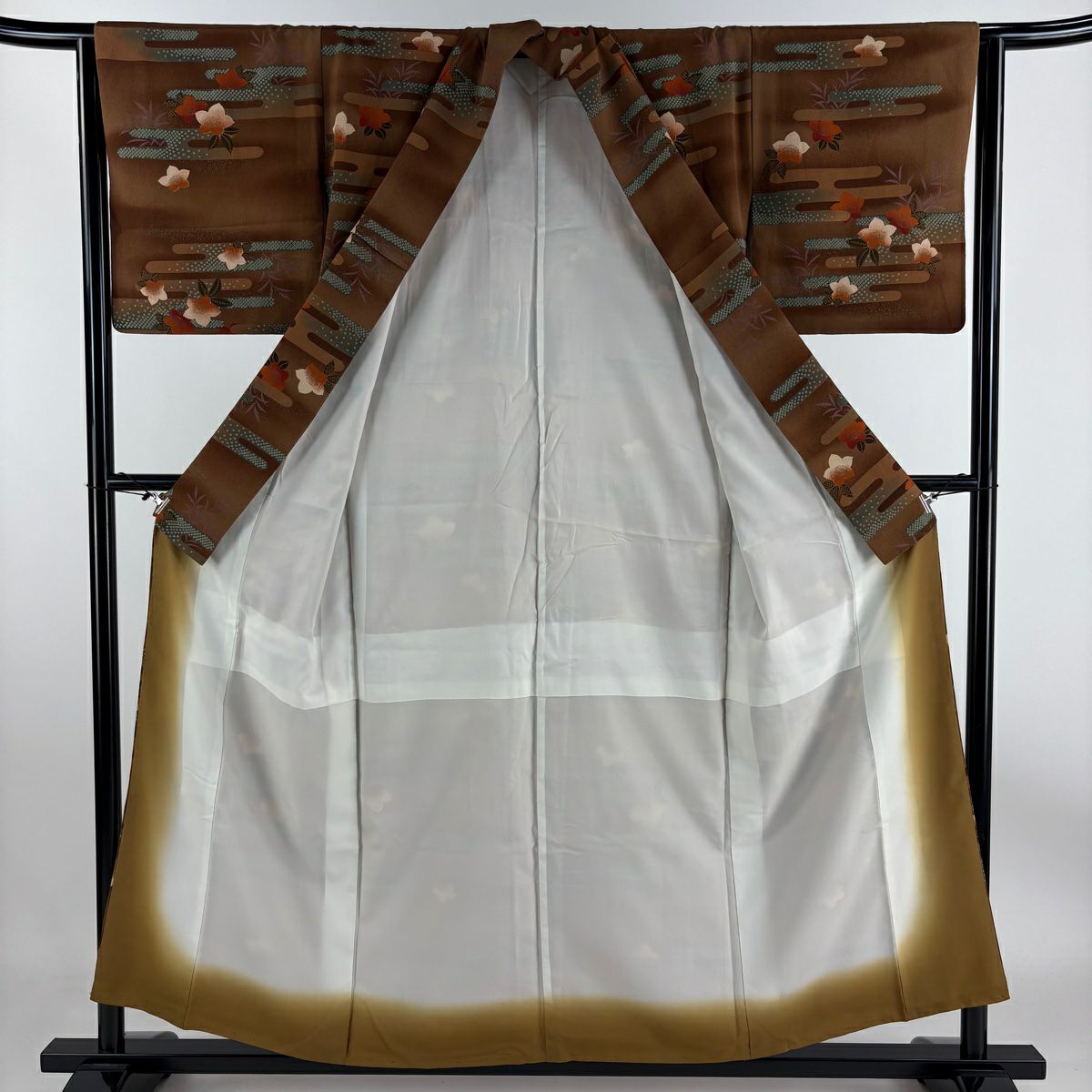 【庫存清倉】 小紋 身長155.5cm 袖長63cm S 雙層 草花紋紋 霞染 漸層 茶 純蠶絲 美品 秀品級