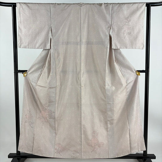 【庫存清倉】 付下 身長157.5cm 袖長62cm S 雙層 紬織織 草花紋紋 麻葉刺繡 粉紅 純蠶絲 優品級