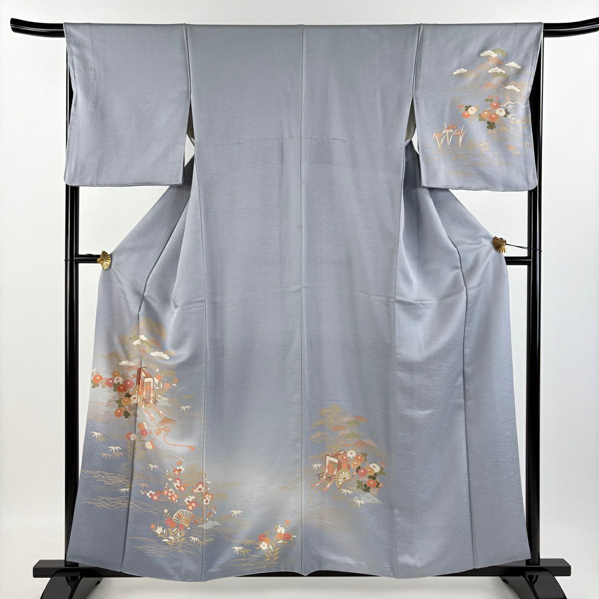 【庫存清倉】訪問服 身長157cm 袖長66cm M 雙層 御所車 松樹竹子梅花 金絲 金銀彩 青灰 純蠶絲 優品級