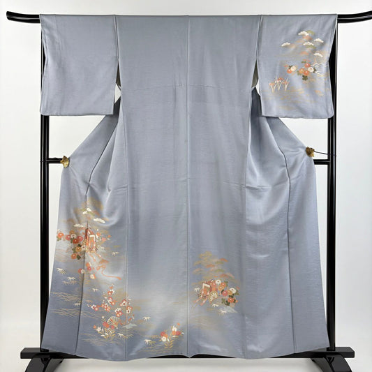 【庫存清倉】訪問服 身長157cm 袖長66cm M 雙層 御所車 松樹竹子梅花 金絲 金銀彩 青灰 純蠶絲 優品級
