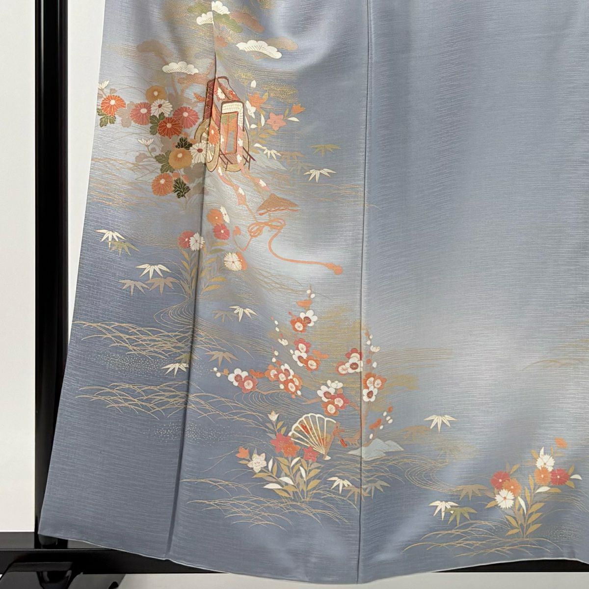 【庫存清倉】訪問服 身長157cm 袖長66cm M 雙層 御所車 松樹竹子梅花 金絲 金銀彩 青灰 純蠶絲 優品級